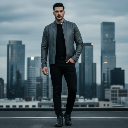 Men’s Steel Blue Leather Jacket – Contemporary Slim Fit Edition